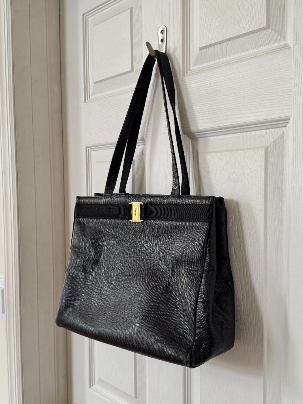 Salvatore Ferragamo Black Textured Leather Vara Bow Shoulder Tote